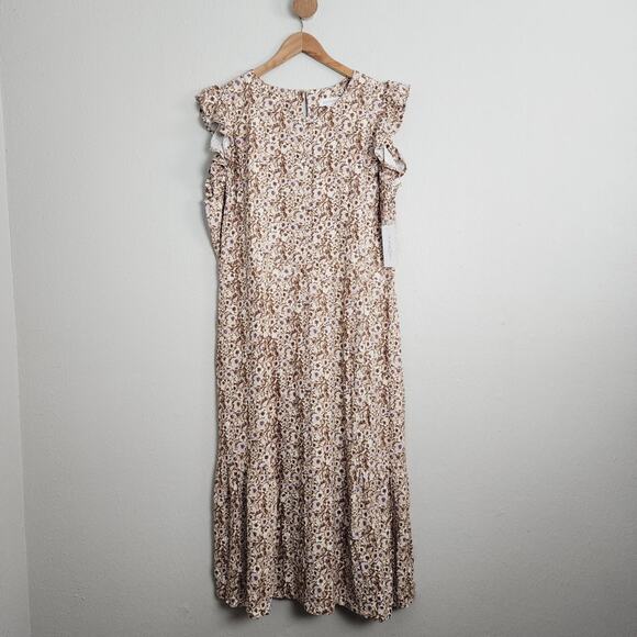 NEW Treasure & Bond Floral Flutter Sleeve Linen Blend Midi Dress Beige - Picture 3 of 11